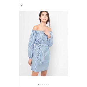 Stripped Off The Shoulder Dress - Blue & White